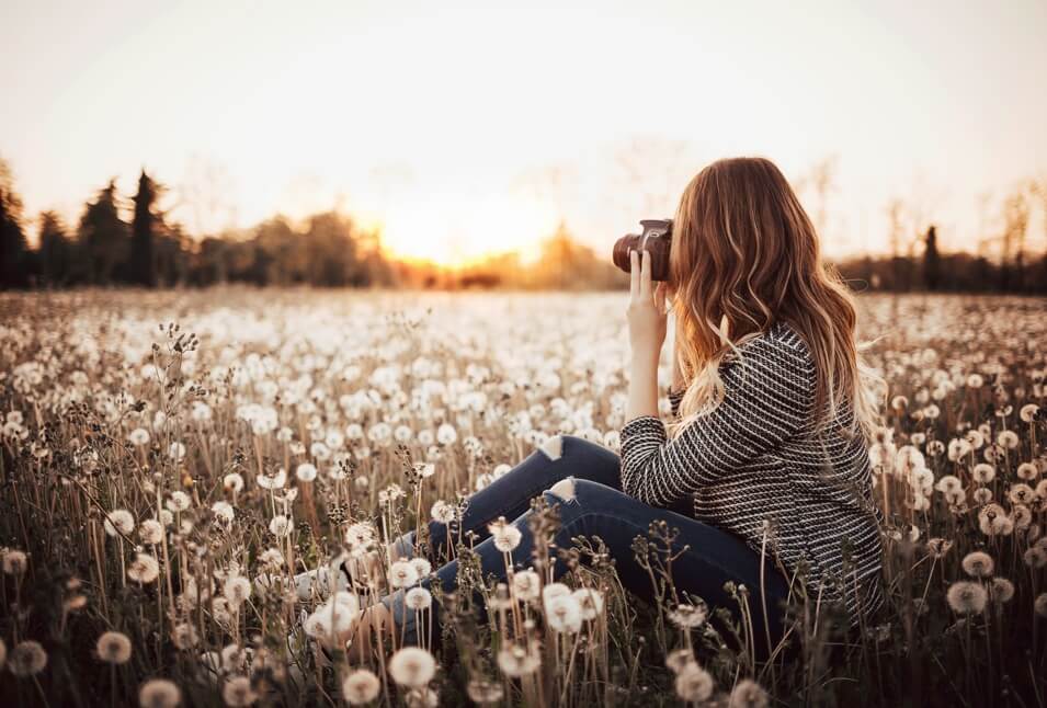 Person sitting in a field of dandelions with a camera while taking a picture of something off in the distance